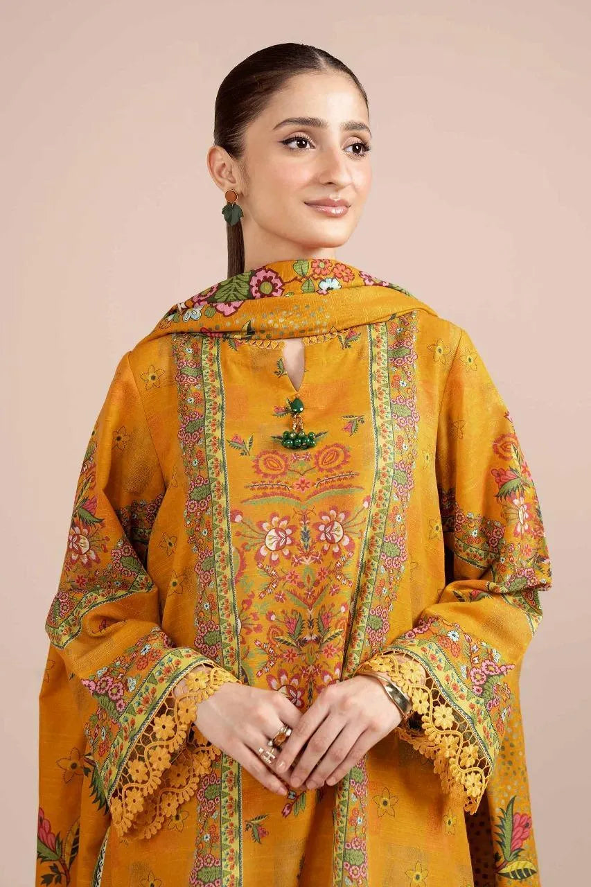 Golden Floral Printed 3-Piece Karandi Suit for Women unstitched