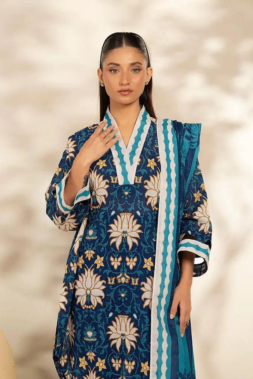 Blue Floral Khaddar 3-Piece Suit for Women unstitched