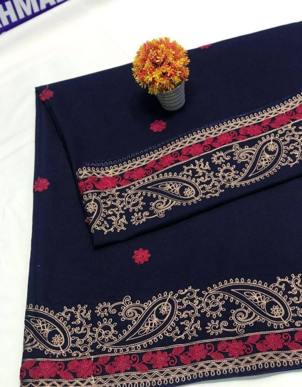 Swiss Embroidered Shawl Navy Red Gold Paisley 2.5 Gazz