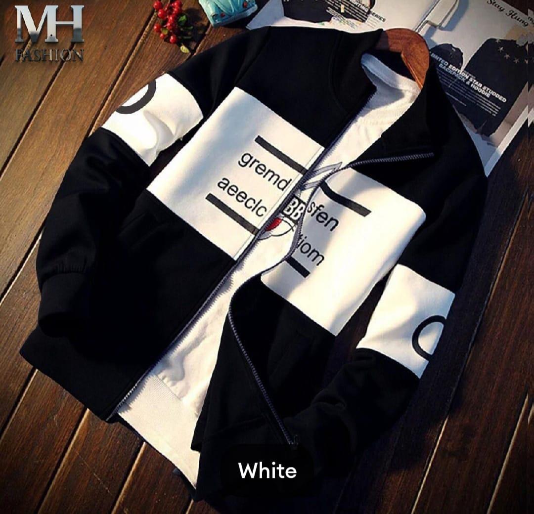 Men's Black White Printed Fleece Zipper Jacket Large XL