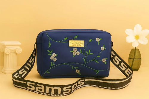 Blue Embroidered Crossbody Bag for Girls 6x8" PU Leather