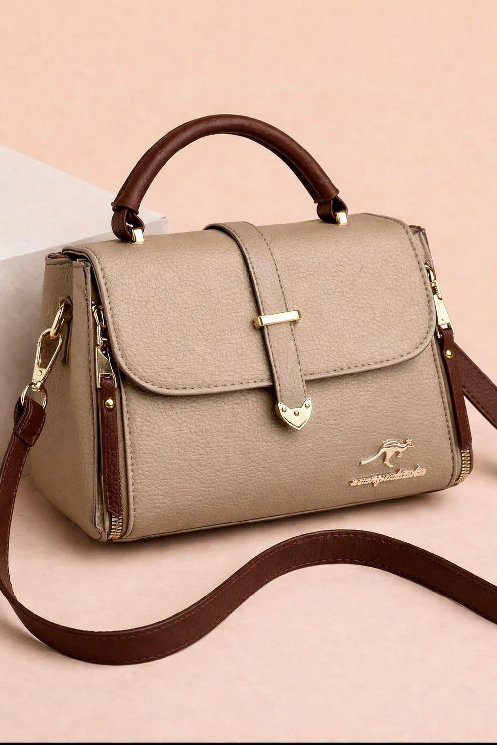 Women's Beige Rexine Shoulder Bag 8x10" Gold Clasp