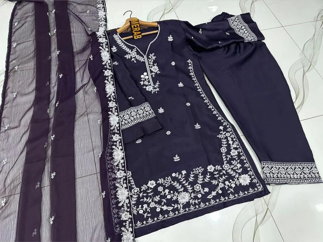 Purple Embroidered 3Pcs Kurta Shalwar Set