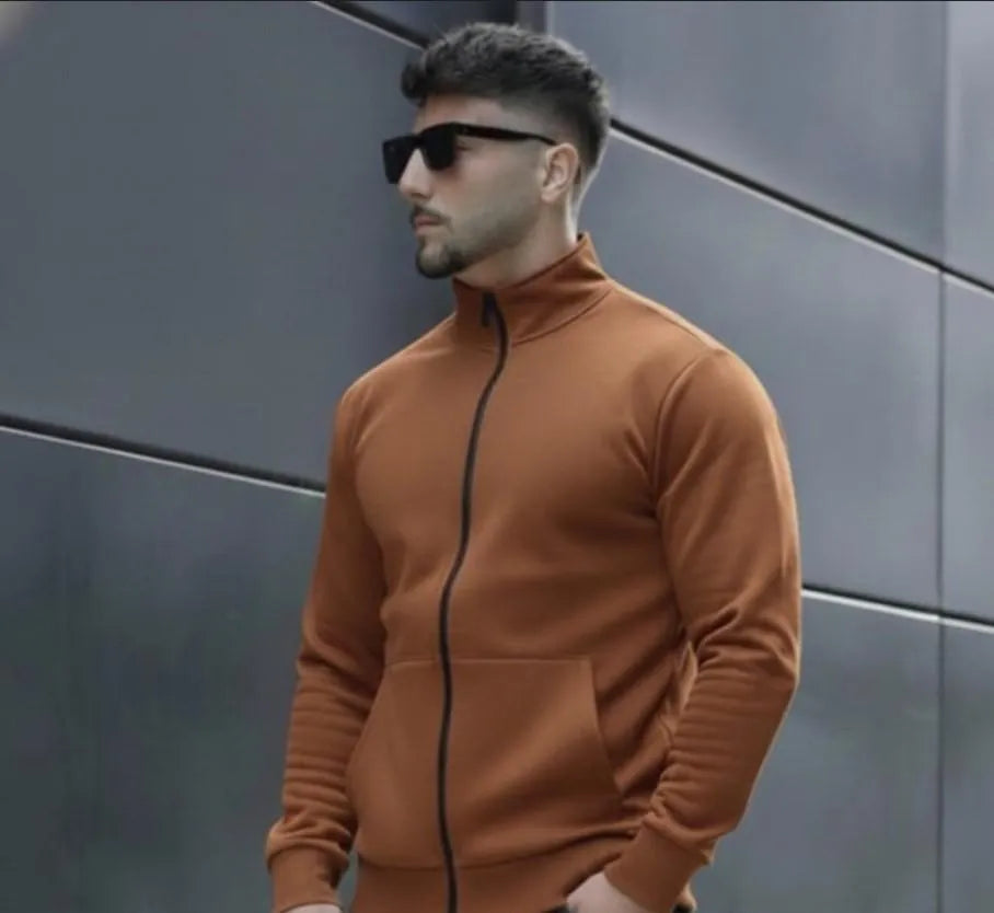 Men's Brown Fleece Jacket Ban Collar