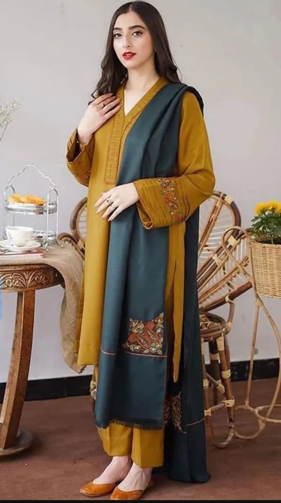 3-Piece Dhanak Suit Mustard Teal Embroidered unstitched