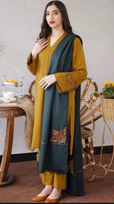 3-Piece Dhanak Suit Mustard Teal Embroidered unstitched