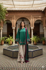 Stunning Printed Silk Suit - 3 Pcs Set in Green