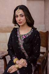 Elegant Black Embroidered Cotton Suit - 3 Pcs Set in Crinkle Chiffon