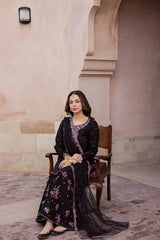 Elegant Black Embroidered Cotton Suit - 3 Pcs Set in Crinkle Chiffon