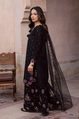 Elegant Black Embroidered Cotton Suit - 3 Pcs Set in Crinkle Chiffon