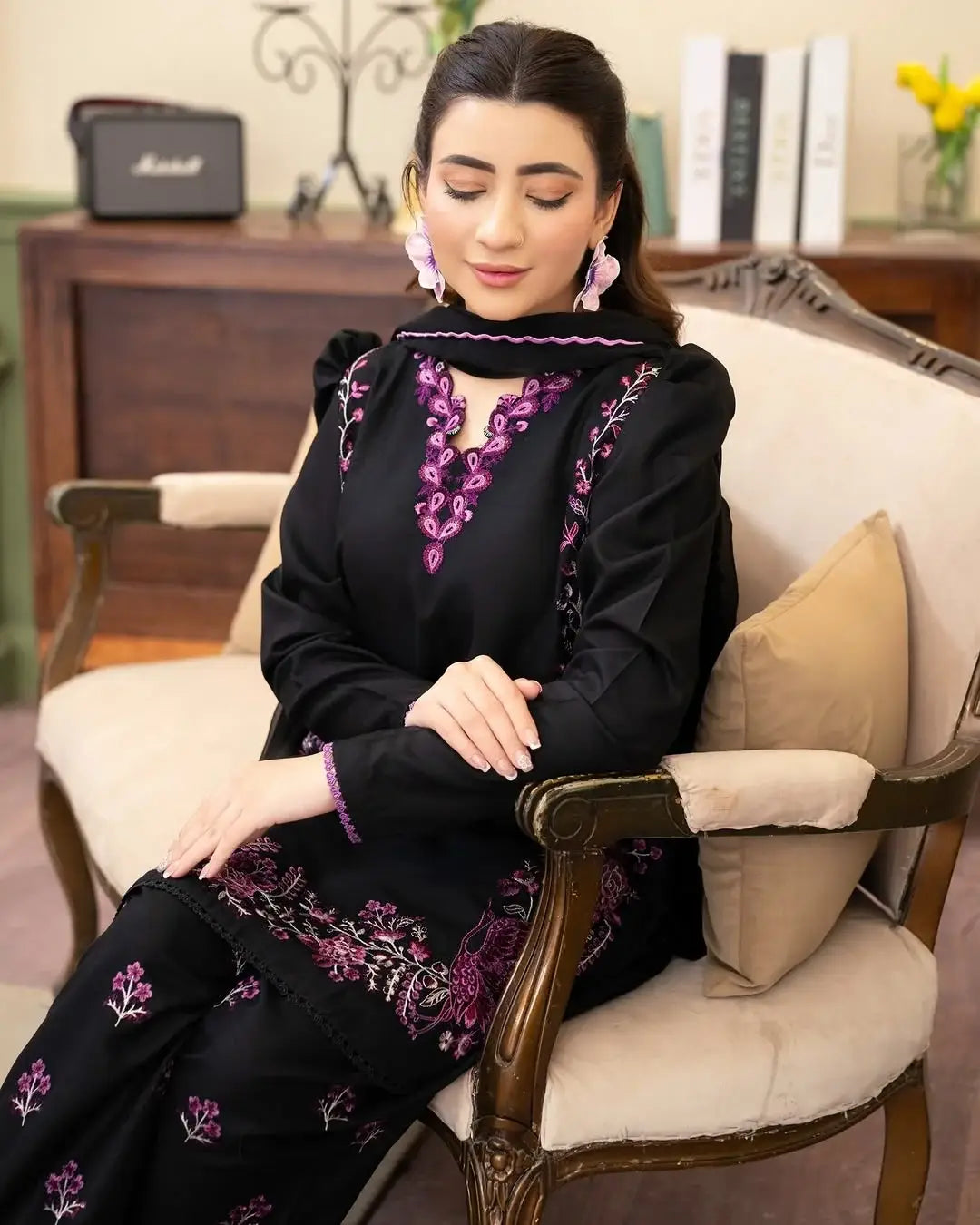 Stylish Black Cotton Embroidered Shirt And Trouser Set - 2 Pcs