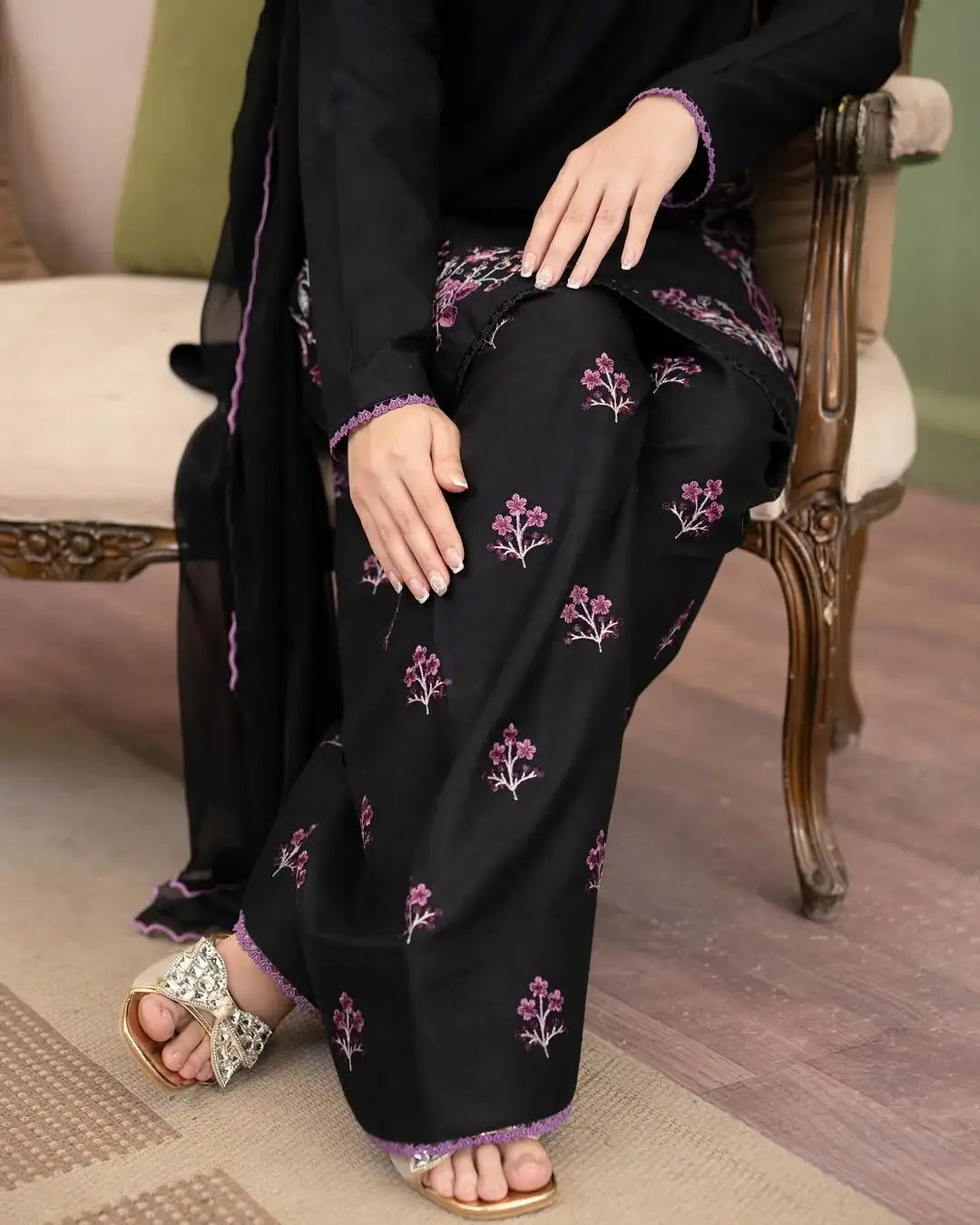 Stylish Black Cotton Embroidered Shirt And Trouser Set - 2 Pcs