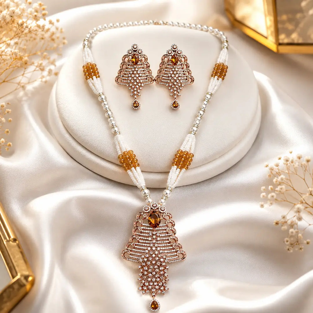 Elegant Pearl & Crystal Pendant Necklace Set with Matching Earrings – Premium Fashion Jewellery