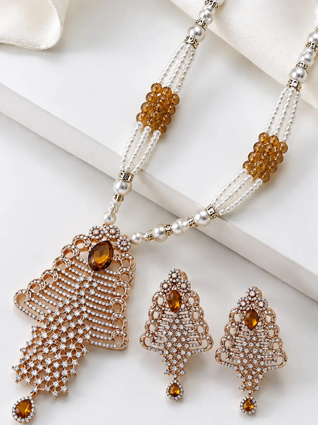 Elegant Pearl & Crystal Pendant Necklace Set with Matching Earrings – Premium Fashion Jewellery