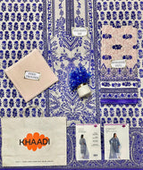3-Piece Printed Khaddar Suit Blue White for Women unstitched