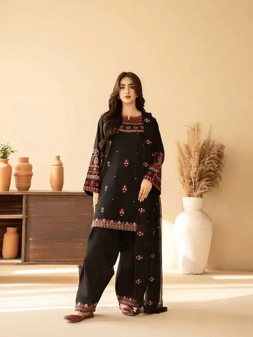 3 Pcs Women's Stitched Cotton Embroidered Suit