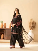 3 Pcs Women's Stitched Cotton Embroidered Suit