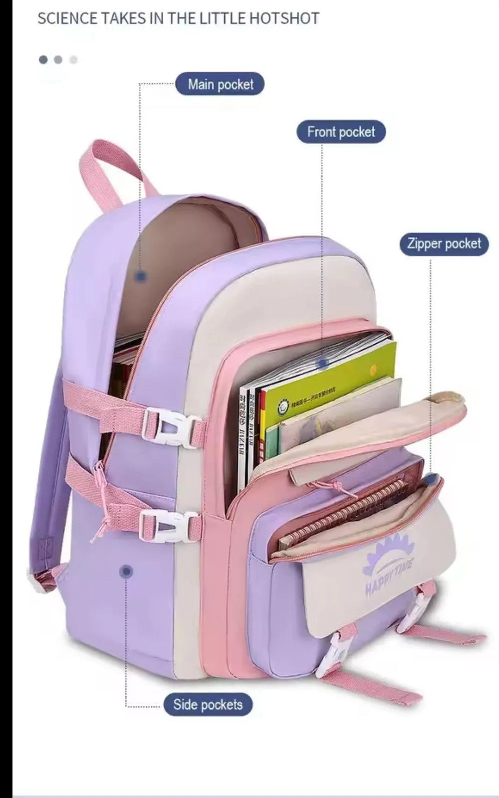 Purple Pink Multicolor Casual Backpack for College Girls