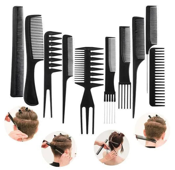 10-Piece Hair Comb Set Black ABS Plastic
