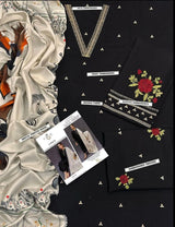 3 Piece Black Embroidered Dhanak Suit with Printed Dupatta