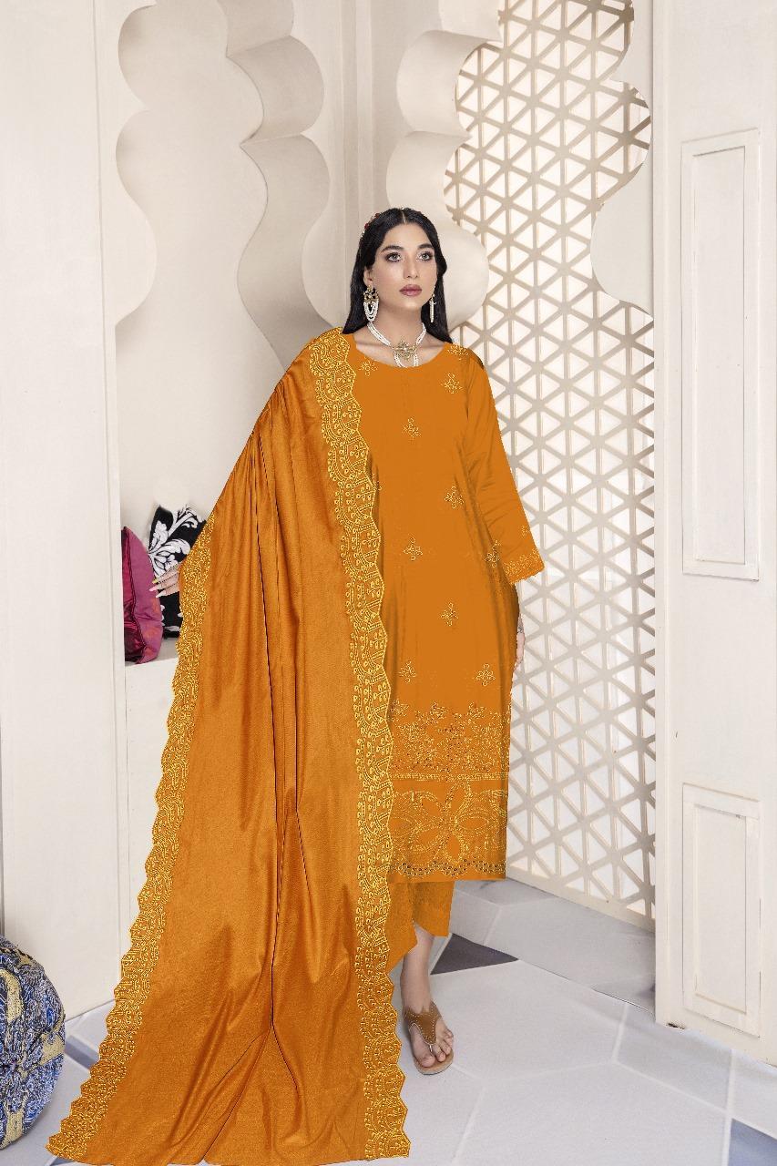 Golden Dhanak Chikankari Suit Set for womem unstitched