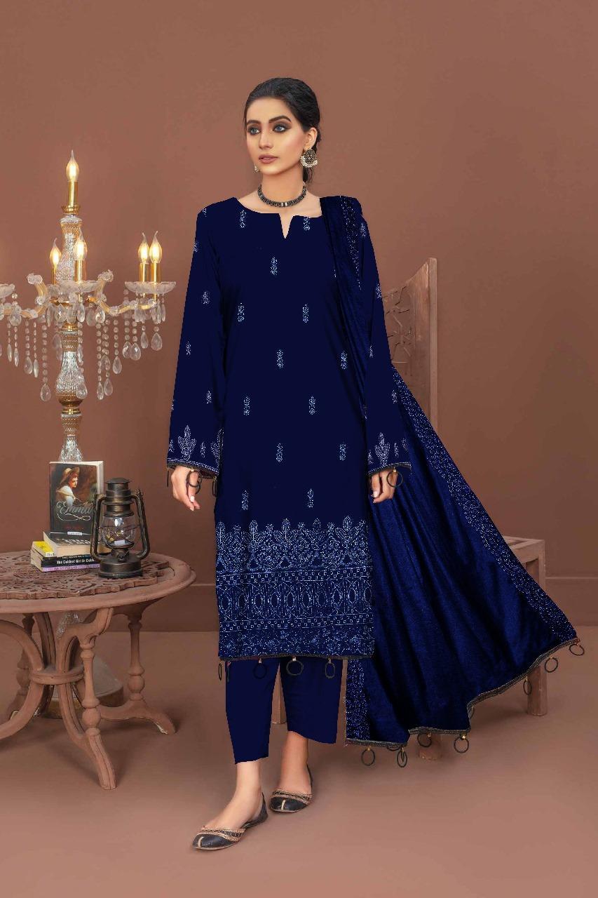 3-Piece Dhanak Suit Blue Chikankari Embroidery unstitched