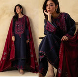 Dhanak Embroidered 3 Pcs Women Suit Blue Red