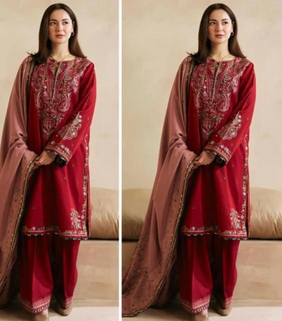 Maroon Embroidered Dhanak Suit for Women